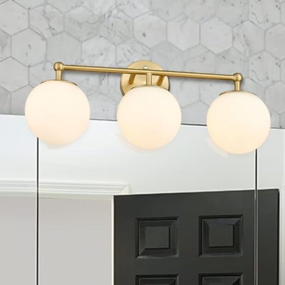 Gold Vanity Light, Modern Fixture 3-Light with Milky Glass Glass Globe Shade